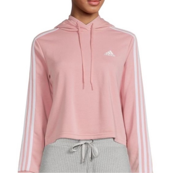 Adidas Essentials 3 Stripe Cropped Hoodie Pink Pullover Womens Size Medium - Picture 1 of 7